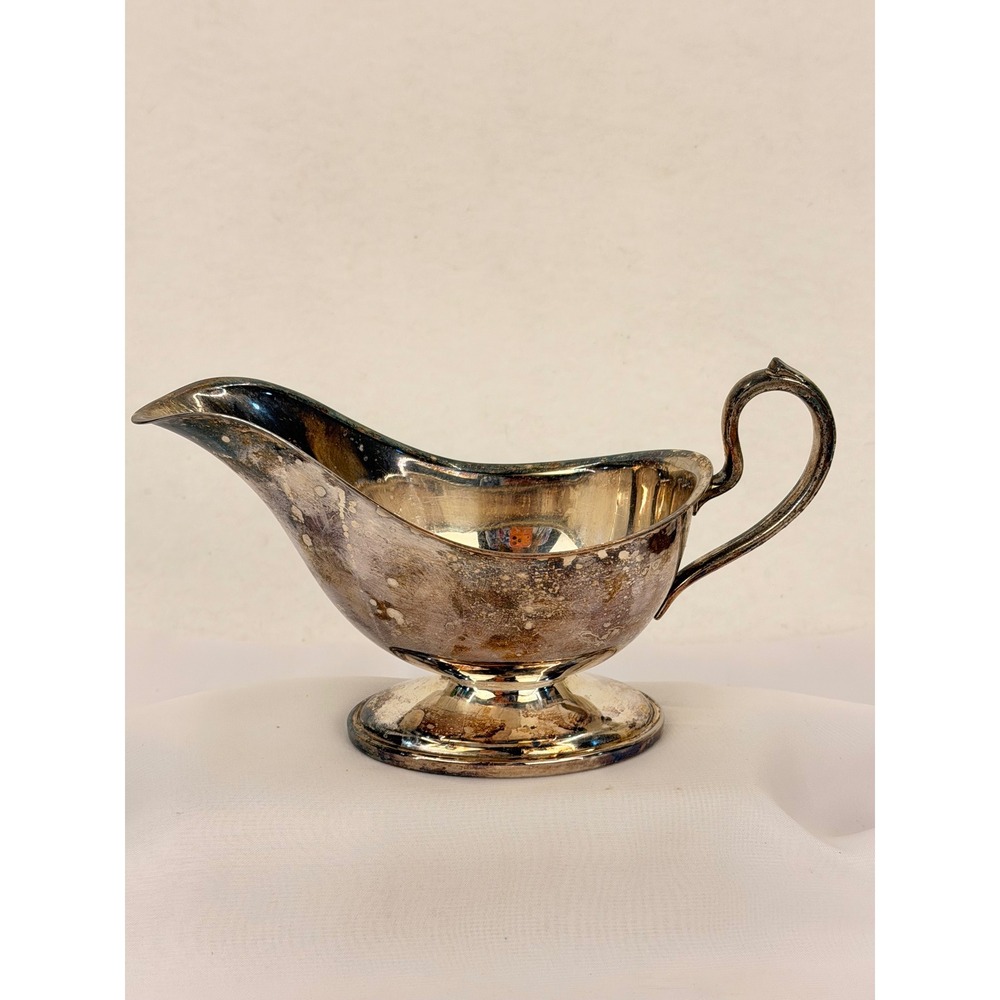 Vintage Silver Plated Gravy Boat Pedestal Base Scroll Handle Tarnish Patina
